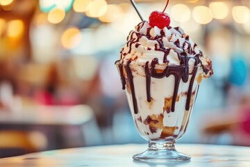 Delicious Sundae in a 50s Diner with Toppings and Copy Space