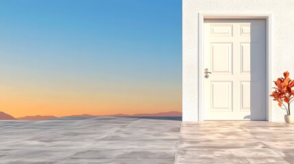 A Minimalist Door Opening to a Beautiful Sunset Sky on a Scenic Outdoor Landscape