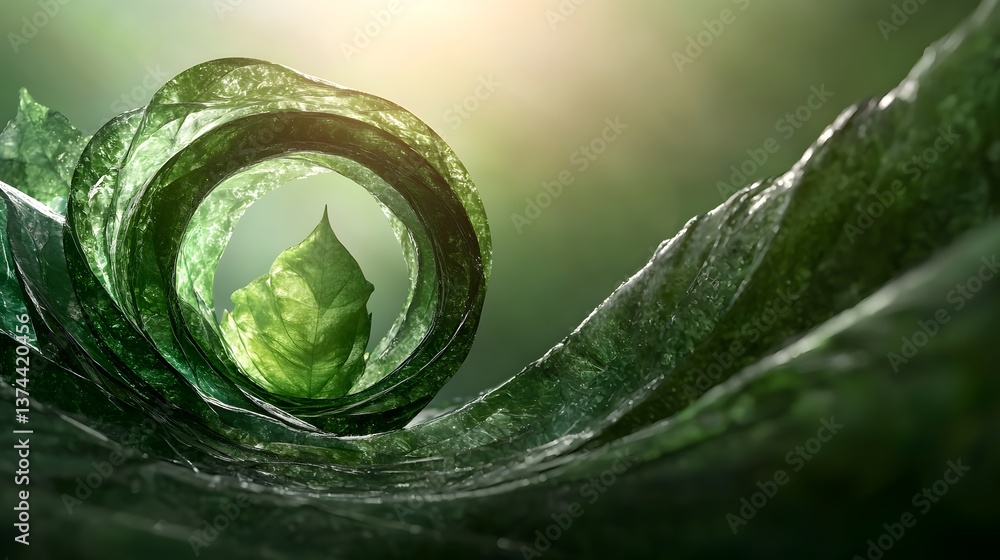 Wall mural abstract green organic forms with light play and textural depth in a serene natural setting