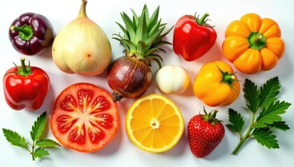 Naklejka premium Assorted dried vegetables, vibrant colors, clean white backdrop , vegetable, dried vegetable