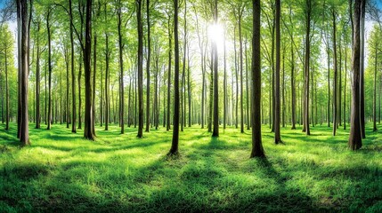 Naklejka premium Sunlight filtering down through trees in forest. Serene background, idyllic scene, use for nature promotion