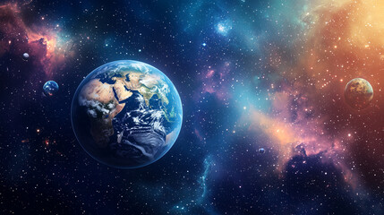 Obraz premium Earth in space with the Sun and Moon visible, surrounded by stars and the vast universe, showcasing the beauty of our planet in the cosmos