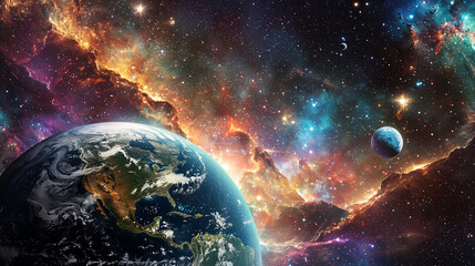 Fototapeta premium 3D rendering of Earth in space with stars, clouds, and atmosphere visible in the cosmic sky