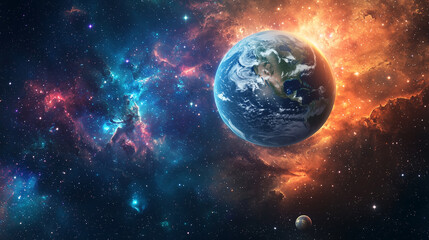 Obraz premium Earth in space with the Sun and Moon orbiting