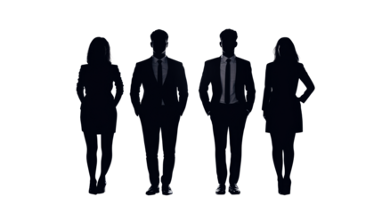 Business team in silhouette, dark outline, staff meeting, cut out transparent
