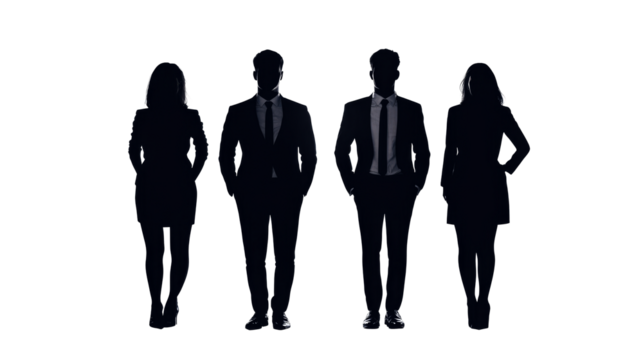 Business team in silhouette, dark outline, staff meeting, cut out transparent