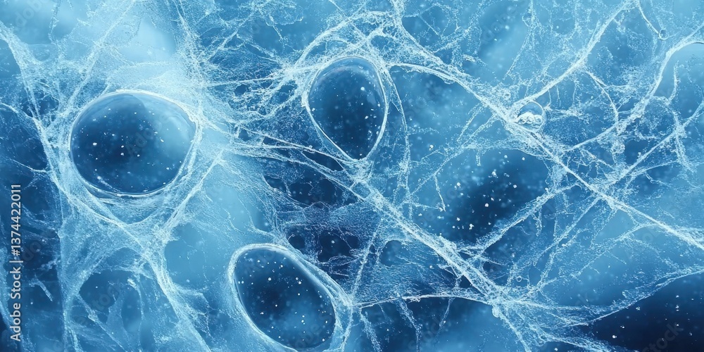Poster frozen bubbles in blue ice lake cracked surface texture aerial view abstract natural pattern backgro