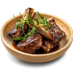 Succulent Grilled Ribs Glazed With Rich Sauce and Garnished With Fresh Herbs in Wooden Bowl