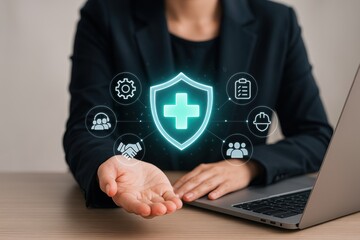 Guarding Well-being: A visual narrative where a person's hand interacts with a glowing shield featuring a cross, supported by surrounding icons, symbolizing healthcare and protection.