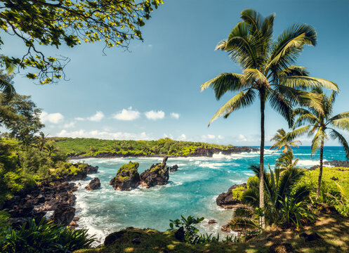 Stunning view to the bay with palm trees, rugged coast, rocks and waves of turquoise waters of pacific ocean in Waianapanapa state park during sunny day. Maui, Hawaii. 