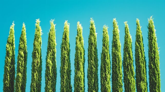 Tall green trees lined against blue sky background. Used for environmental visuals