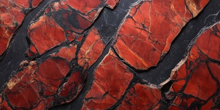 Abstract seamless pattern featuring red quartz stone slab and faux rock slate texture, offering a striking and textured background with natural stone appeal.