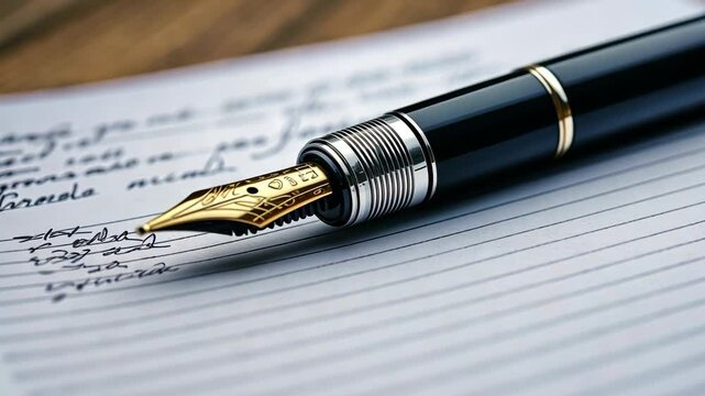 Elegant fountain pen writes on lined notebook paper in a cozy workspace during the afternoon