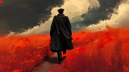 Man walking through a red field under a dramatic sky with dark clouds and swirling leaves in autumn's embrace
