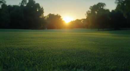 Obraz premium Sunrise Over a Park With Vibrant Trees and a Calm Grass Field in the Early Morning