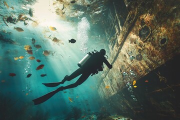 Scuba diver navigates the underwater world, exploring a decaying shipwreck teeming with colorful fish and vibrant coral, showcasing the beauty and mystery of the deep sea