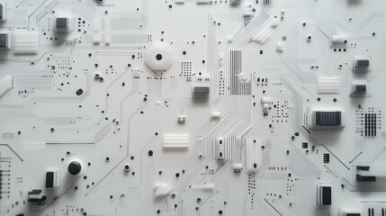 Monochrome Circuit: A Detailed, White-on-White Circuit Board with Intricate Lines and Components, Representing Modern Electronic Technology and Connectivity.

