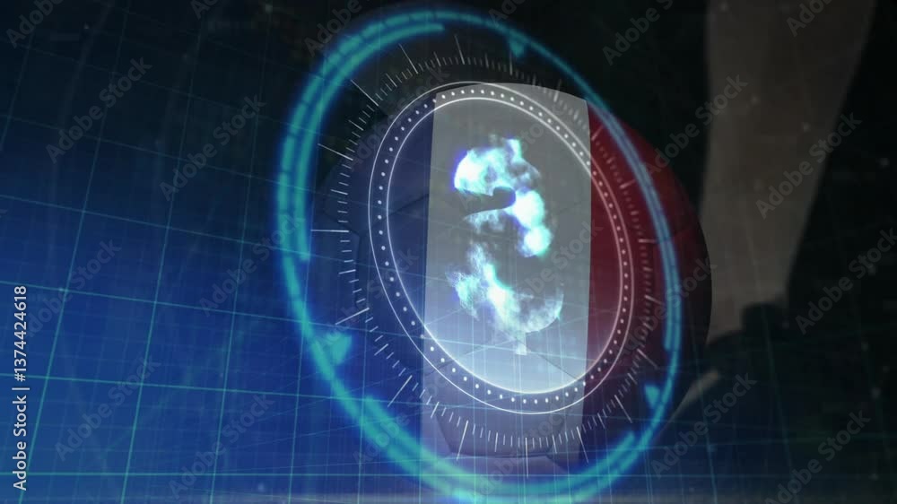 Poster rotating holographic elements in animation with glowing blue patterns in school setting