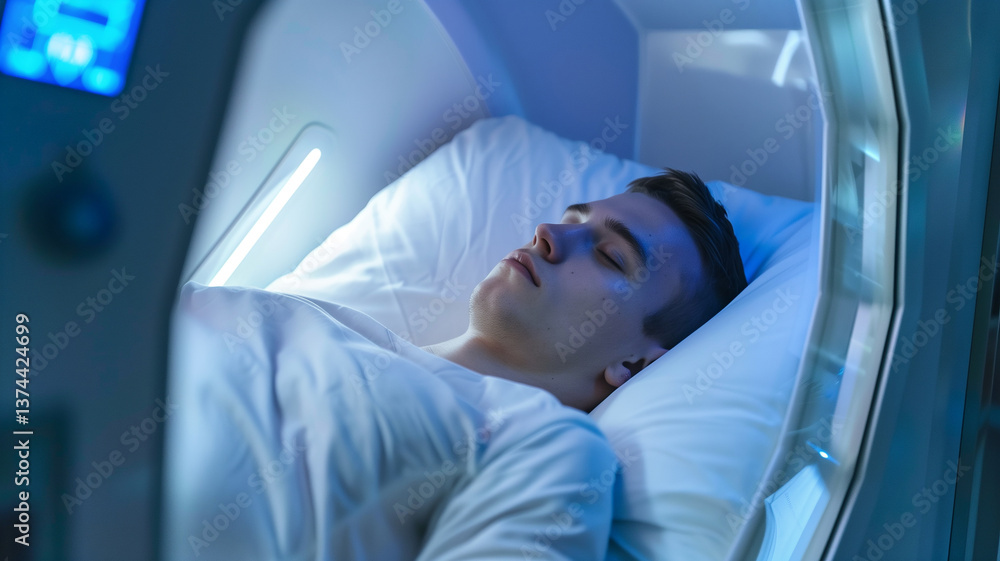 Poster the scene features an individual in a cryogenic chamber designed for hibernation and preservation.
