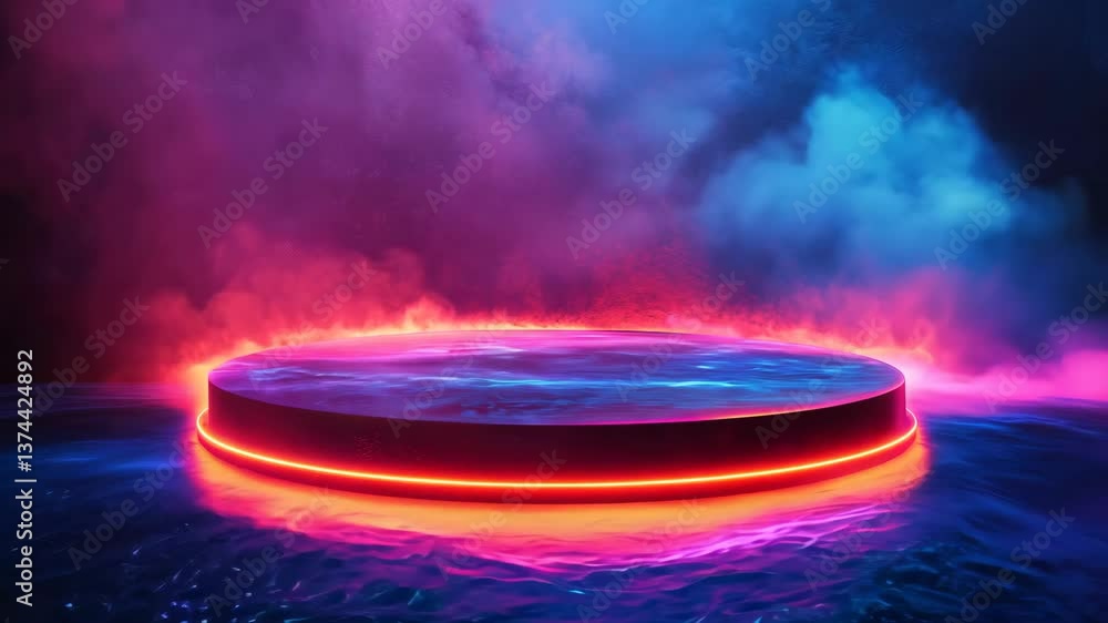 Aufkleber glowing neon-lit circular stage with vibrant mist in a mystical atmosphere