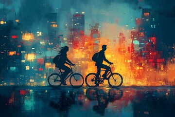 Couple biking through a vibrant cityscape at night in colorful vector art