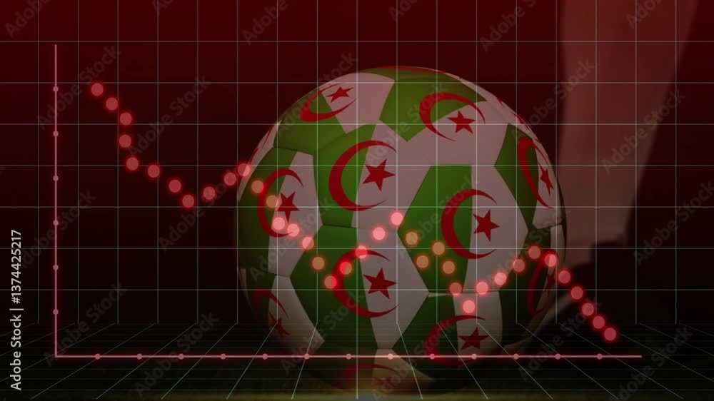 Poster algerian flag soccer ball with animation of fluctuating data graph in background
