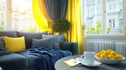 Bright and Cozy Living Room with Yellow Curtains, Lemon Decor, and Sunlight Streaming In