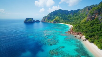 Fototapeta premium Aerial view of tropical island beach, turquoise water, lush greenery.