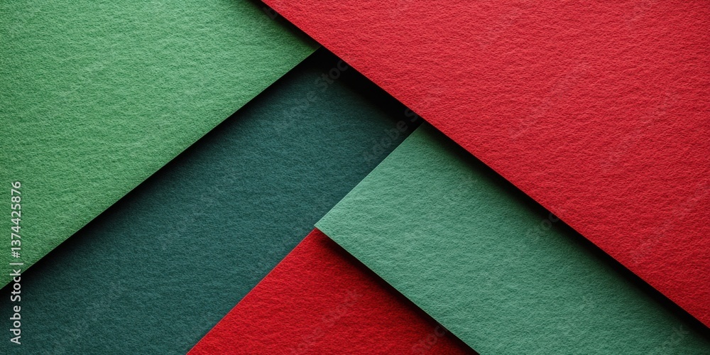 Poster 3d render featuring a geometric background of red paper card and green felt sheet texture, perfect f