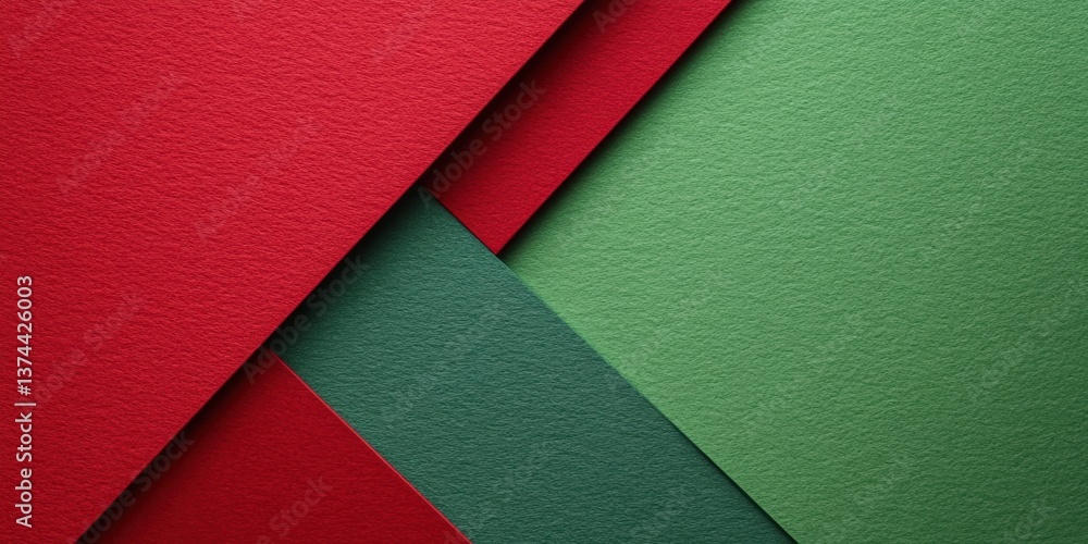 Poster red paper card and green felt sheet texture with a geometric background, offering a festive christma