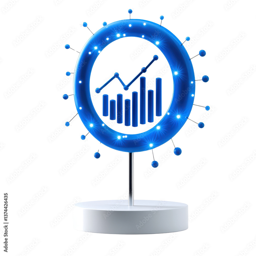 Poster 3d blue graph icon with circular design and glowing elements.