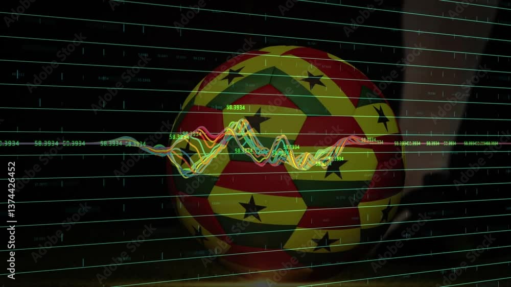 Poster colorful data graphs and charts overlaying soccer ball in animation style