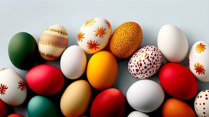 Colorful Decorative Easter Eggs Arranged on a Light Background for Spring Celebrations