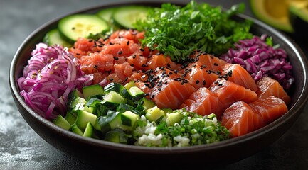 Freshly Prepared Sushi Bowl With Salmon, Vegetables, and Rice Garnished With Sesame Seeds and Herbs