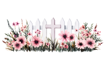 Floral fence with cross, blossoms, plants watercolor, cut out transparent