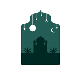 Mosque Silhouette Illustration. Flat Style. Modern beautiful design in pastel colors with mosque, moon crescent, stars in the sky, and tree.