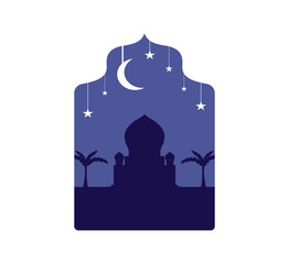 Mosque Silhouette Illustration. Flat Style. Modern beautiful design in pastel colors with mosque, moon crescent, stars in the sky, and tree.