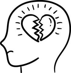 Health Awareness doodle clipart. Illustration of a head with a broken heart symbol inside, representing emotional distress.