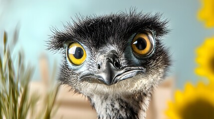 Curious Emu Closeup Portrait Against a Colorful Background with Sunflowers and Grass