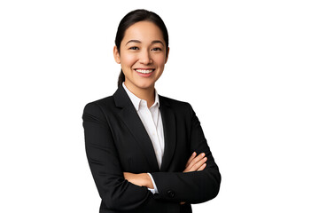 Selbstvertrauen Frau in einem professionellen Anzug mit verschr&auml;nkten Armen und zeigt ein positives und zug&auml;ngliches Verhalten