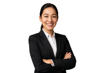 Selbstvertrauen Frau in einem professionellen Anzug mit verschränkten Armen und zeigt ein positives und zugängliches Verhalten