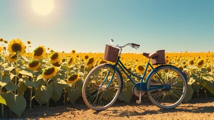 Obraz premium Vintage Bicycle by a Bright Sunflower Field