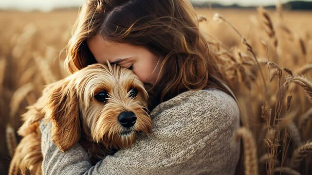 A woman embraces her furry dog friend cavapoo in a wheat field as the sun sets
