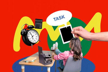 Creative full art collage of happy old businesswoman lay table hand old tablet task notification...