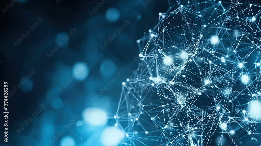 Poster abstract blue digital network connection glowing nodes and lines on dark background