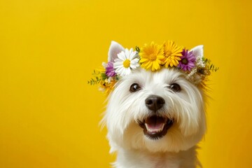 Cute baby dog finnish spitz wearing fierce flower crown on its head - symbol of sunny holiday season. Professional studio artwork shot. Isolated warm light green background, copy space, marketin.