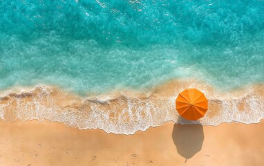 Obraz premium Open travel book on a sandy beach, sun shining, turquoise water, beach umbrella, relaxing vacation vibe, warm golden tones, highly detailed, 8K