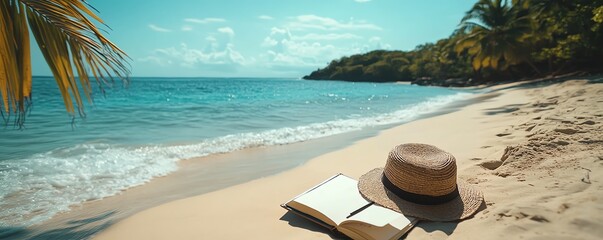 Open travel journal on a beach, ocean waves lapping at the shore, beach hat and sunscreen, vibrant tropical landscape, cinematic shot, 8K