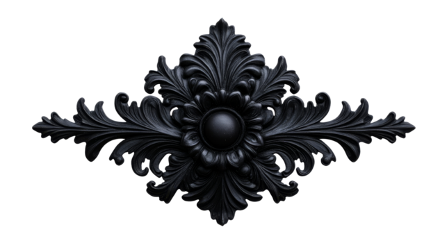 Black decorative floral ornament with leafy details, cut out transparent