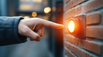 hand reaches out to press glowing orange button on brick wall, creating sense of anticipation and interaction. warm light contrasts with cool tones of surrounding environment